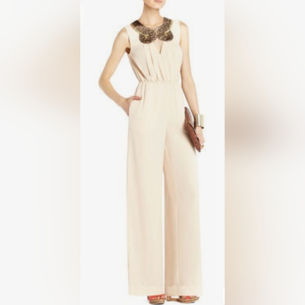 BCBGMaxAzria Cream Romper with Embellished Neckline